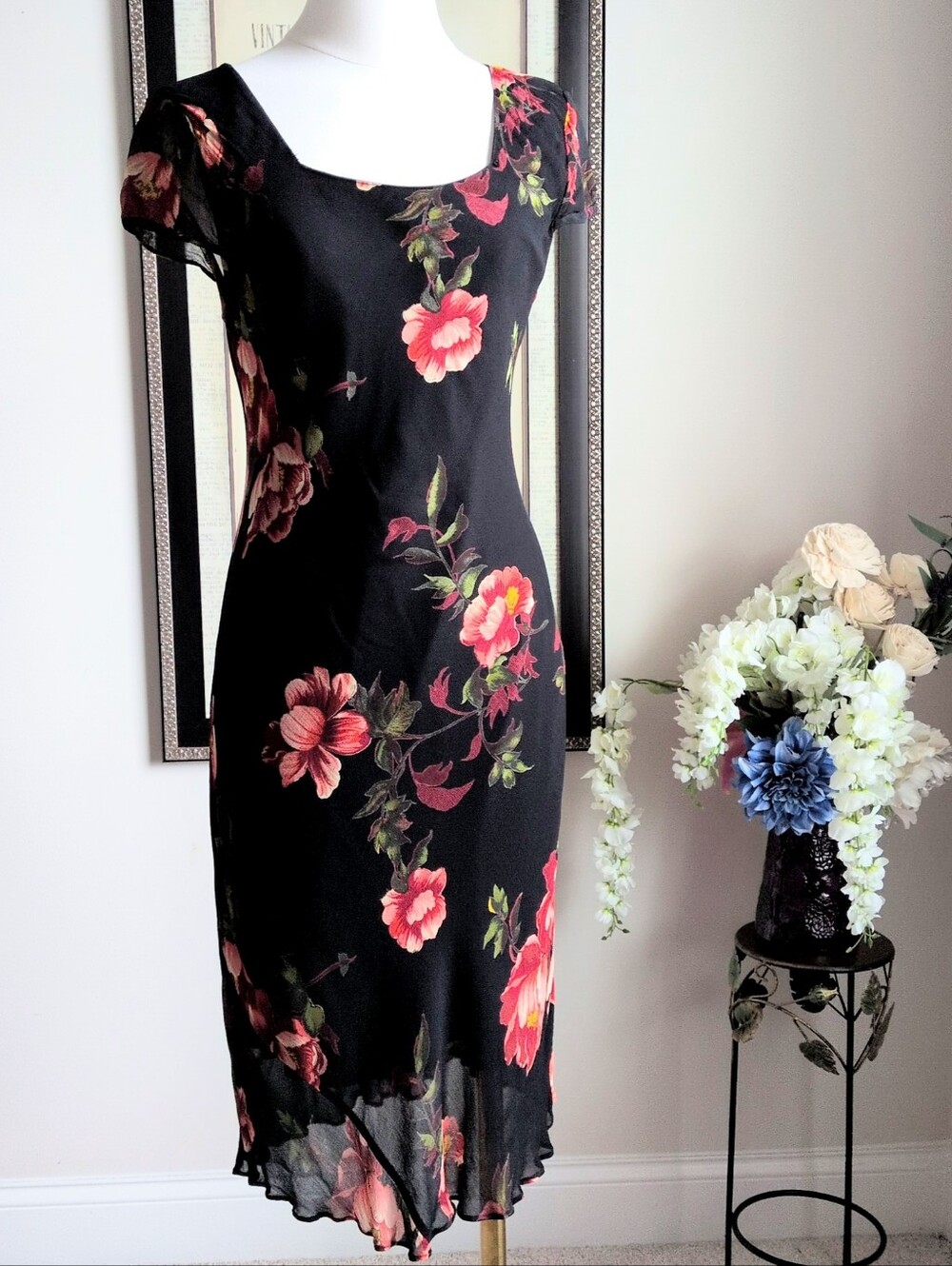 Vintage Y2K American Angel Black Floral Handkerchief Hem Midi Dress Size M
